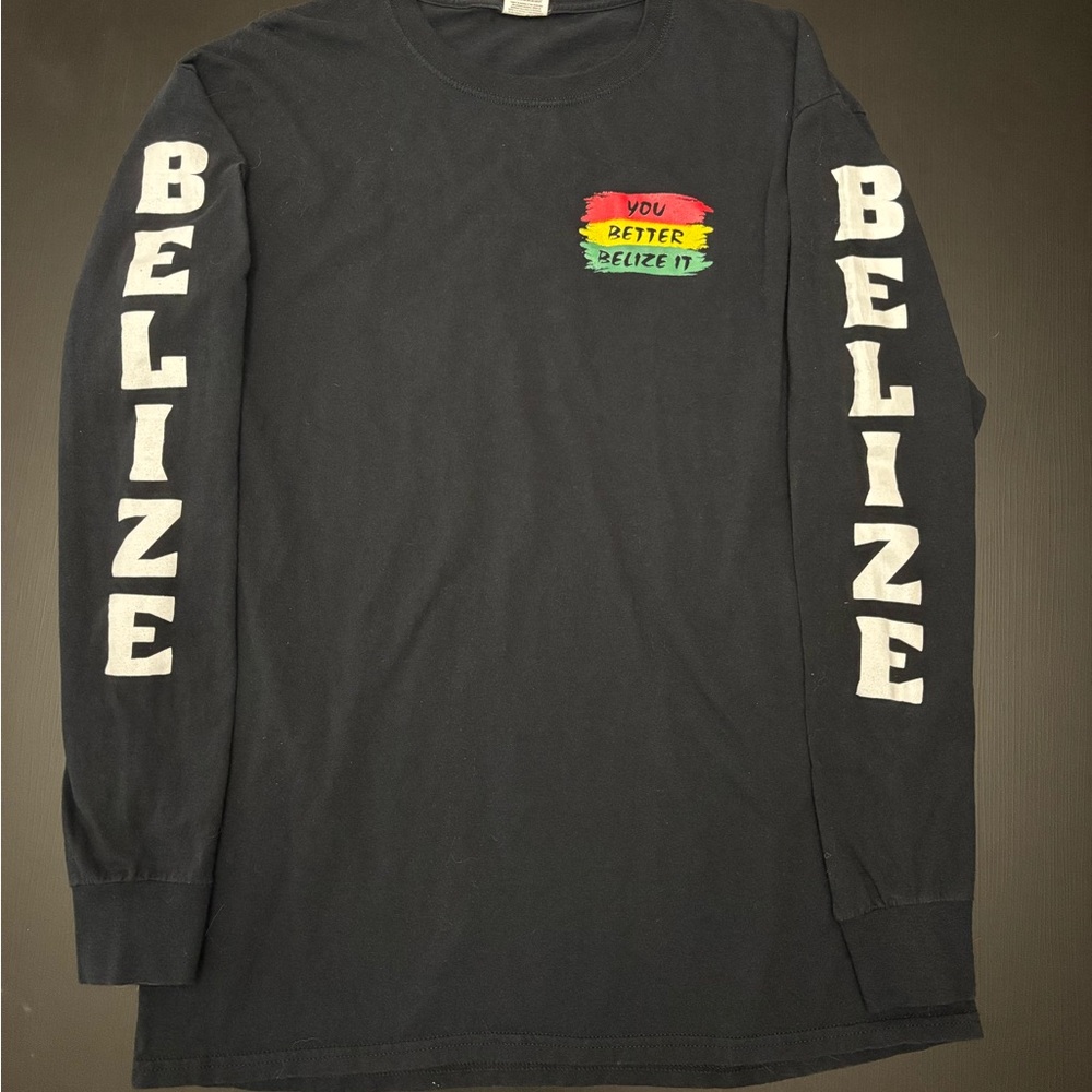 Men’s Black Long Sleeve Tee with Belize Sleeve Print Large